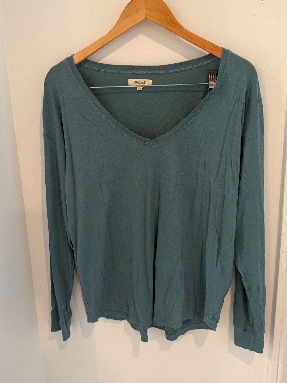 Madewell Relaxed V-Neck Long Sleeve Top in Muted Teal